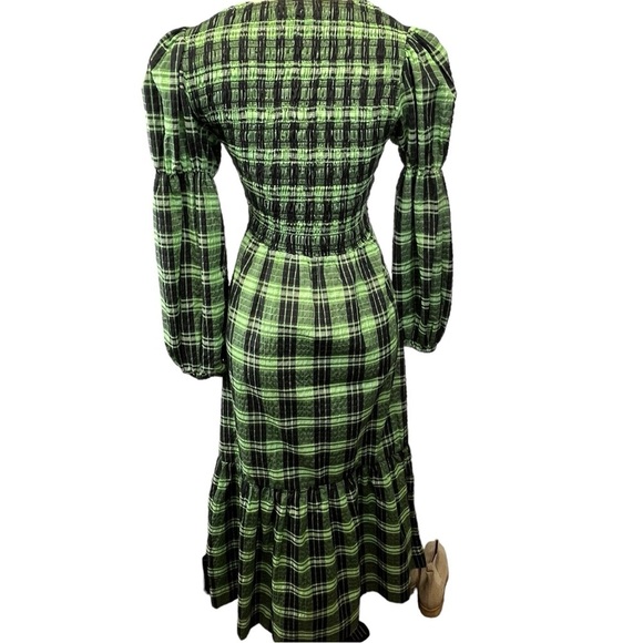 GANNI Seersucker Tiered Check Midi Dress Women in Peapod Green and Black Size 2 - Picture 7 of 16